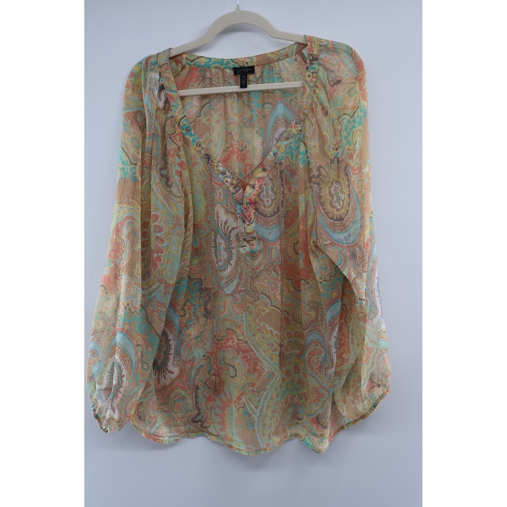 Jessica Simpson Plus 2X Sheer Paisley Boho Lace Up Blouse